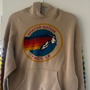 Aviator Nation Tan Hoodie with Multicolor Stripes